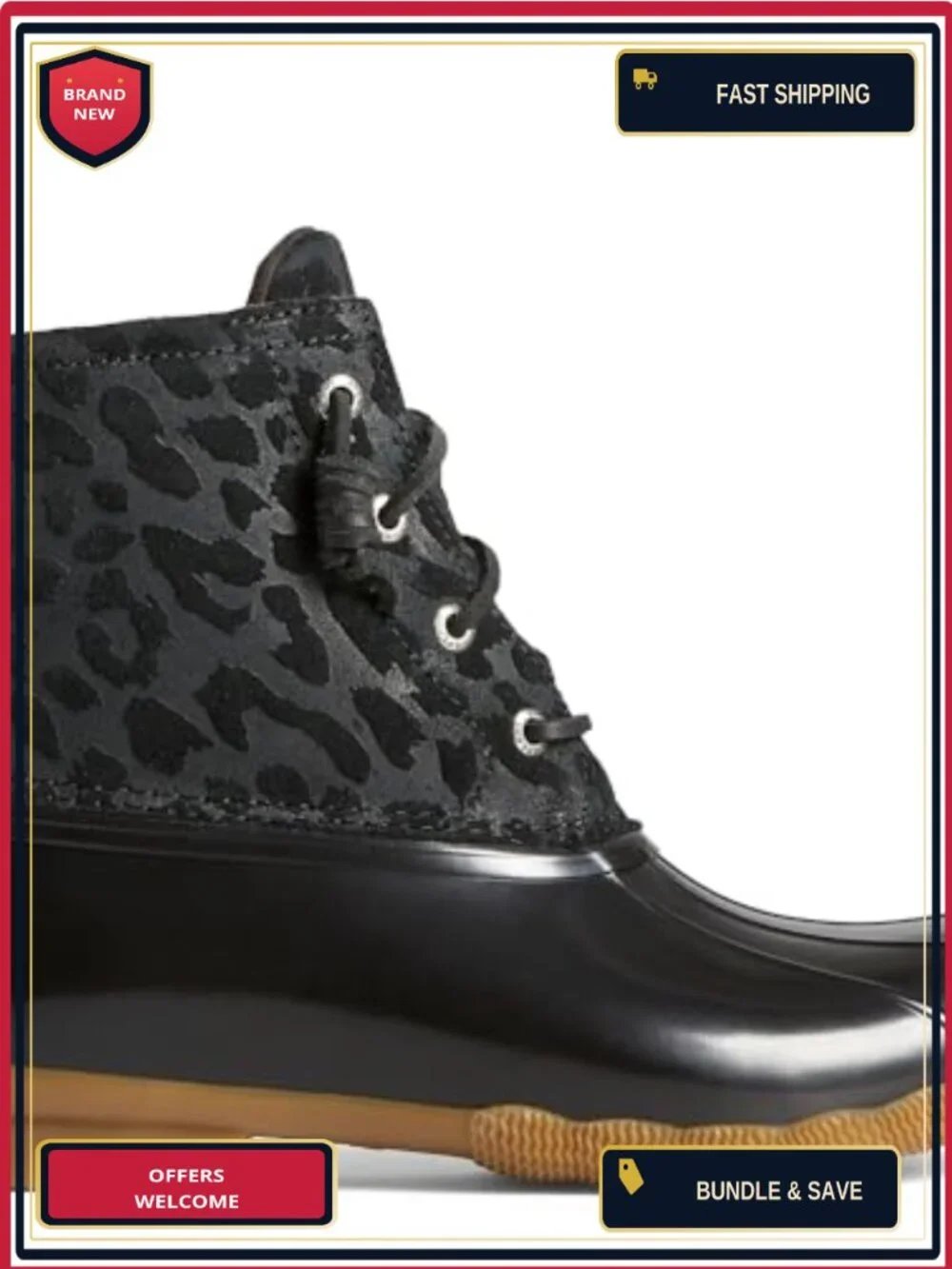 Sperry Saltwater Cheetah Duck Boot Waterproof Ankle Rain Boot Zip